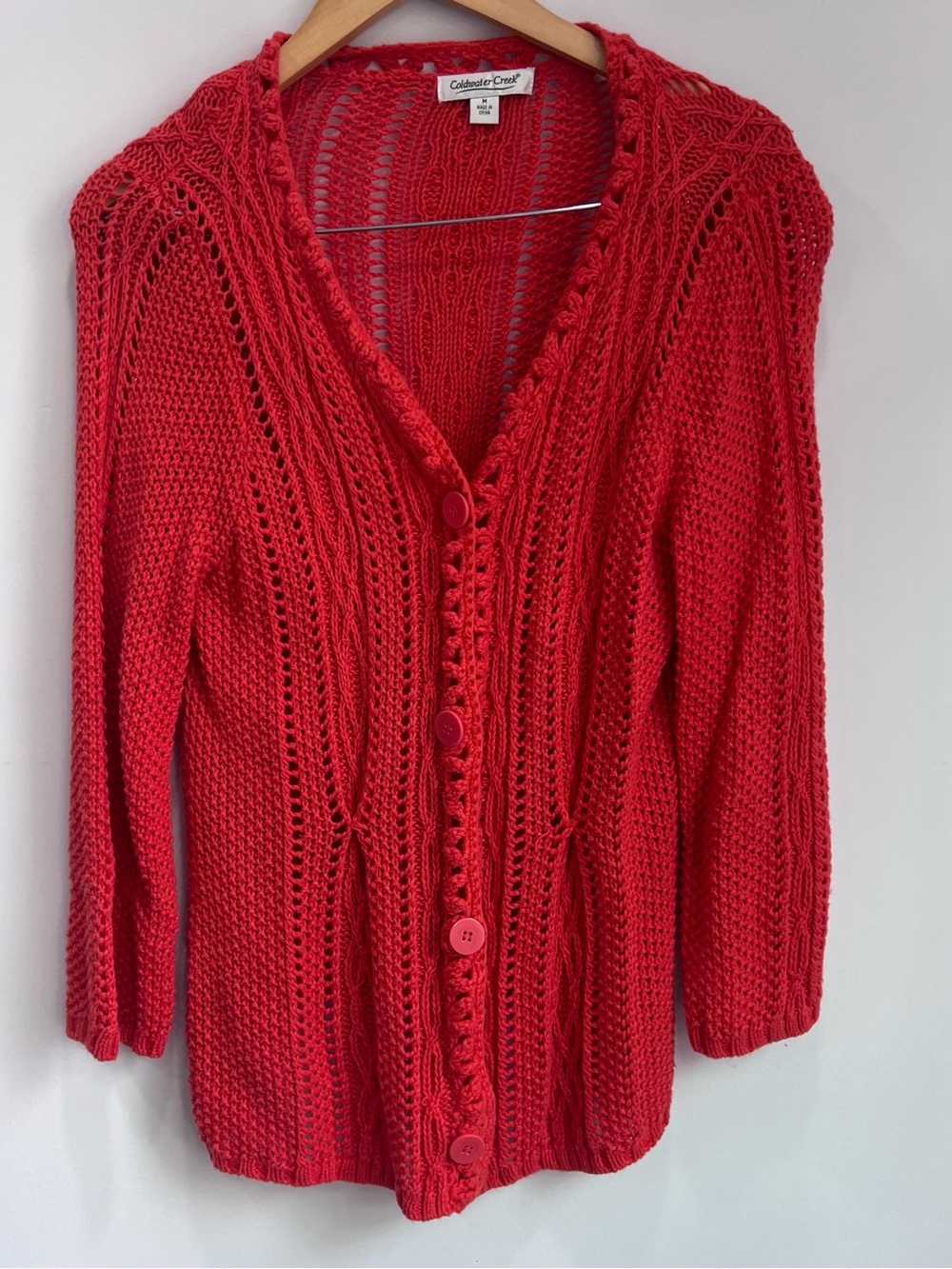Coldwater Creek Bright Orange Openwork Knit Button Cardigan
